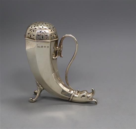 A late Victorian silver cornucopia shaped sugar caster, with ducks head terminal, Henry Matthews, Birmingham, 1896, 5.5 oz.